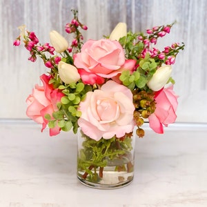 Pink Roses Centerpiece-Real Touch Fuschia Pink Roses Arrangement-Modern Floral Centerpiece-Faux Floral Arrangement-Silk Rose Arrangement