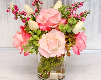 Pink Roses Centerpiece-Real Touch Fuschia Pink Roses Arrangement-Modern Floral Centerpiece-Faux Floral Arrangement-Silk Rose Arrangement