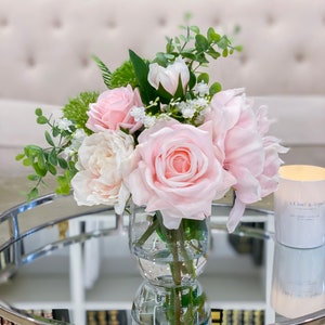 Floral Arrangements-REAL TOUCH Pink Peony Arrangement-Large Pastel Peony Centerpiece-Peony Arrangement-Faux Rose/Floral Arrangement