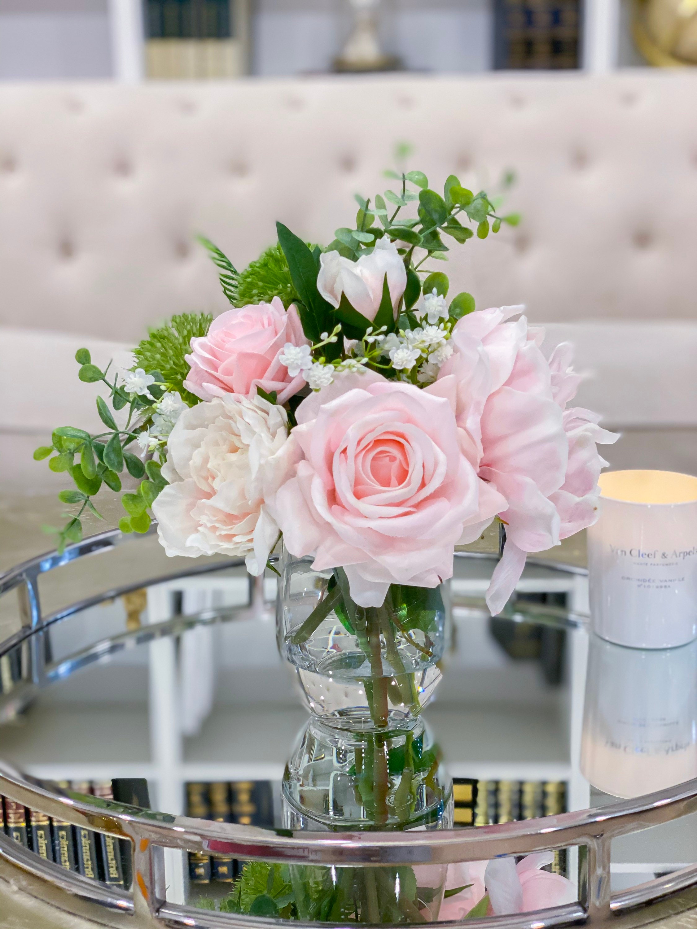 Floral Arrangements-REAL TOUCH Pink Peony Arrangement-Large Pastel Peony Centerpiece-Peony Arrangement-Faux Rose/Floral Arrangement