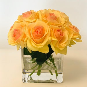 Real Touch Yellow Roses Arrangement Artificial Faux Silk Arrangement Rose Flowers Square Glass Vase for Home Decor image 3