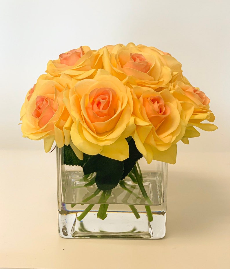 Real Touch Yellow Roses Arrangement Artificial Faux Silk Arrangement Rose Flowers Square Glass Vase for Home Decor image 3