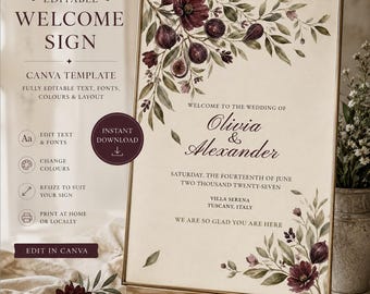 Modello di cartello di benvenuto per matrimonio in stile Moody Burgundy Fig (download immediato)