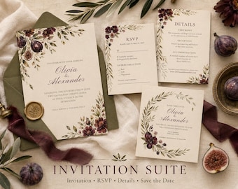 Invito di nozze con tema fico color bordeaux, Save the Date con motivi floreali toscani e RSVP (download digitale)