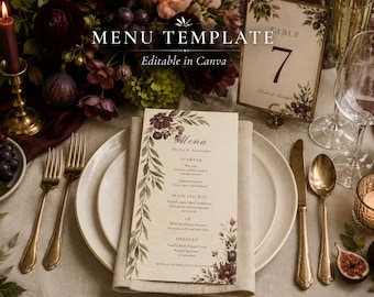 Modello di menù per matrimonio in stile bordeaux: biglietto di auguri floreale modificabile (download immediato)