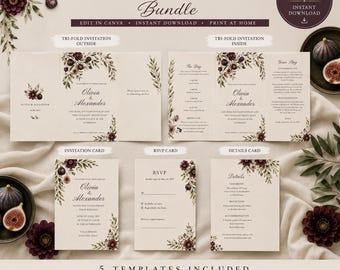 Modello di invito di nozze "Moody Burgundy Fig Olive" (download immediato su Canvas)