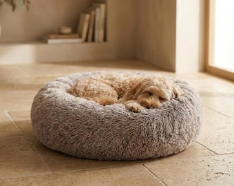 Calming Donut Dog Bed Plush Round Pet Bed for Small Medium Dogs Anxiety Reducing Washable Cozy Puppy Sleeping Bed