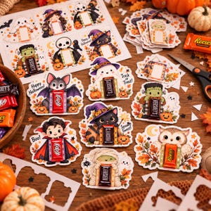 May include: A collection of Halloween-themed paper card holders featuring illustrations of a ghost, vampire, mummy, owl, cat, and Frankenstein's monster, each designed to hold a small candy bar. The cards include text like Boo, Spooky Sweet, and Trick or Treat.