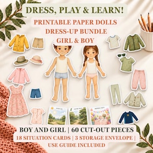 Op de afbeelding: Een printbare papieren aankleedpoppen-set met een jongens- en meisjesfiguur en 60 uitknipbare onderdelen, waaronder diverse kledingstukken zoals jassen, shirts, broeken en jurken, plus 18 situatiekaarten en 3 opberg-enveloppen met een handleiding.