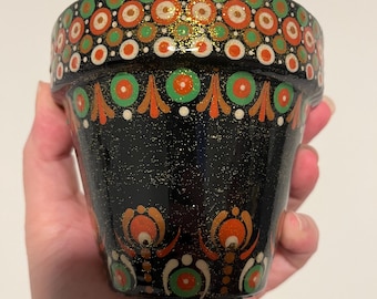 Hand-Painted Mandala Flower Pot | 4" Resin-Coated Terra Cotta Planter | Boho Dot Art