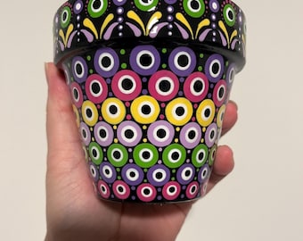 Hand-Painted Mandala Flower Pot | 4" Resin-Coated Terra Cotta Planter | Boho Dot Art