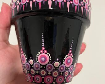 Hand-Painted Mandala Flower Pot | 4" Resin-Coated Terra Cotta Planter | Boho Dot Art