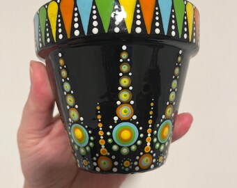 Hand-Painted Mandala Flower Pot | 4" Resin-Coated Terra Cotta Planter | Boho Dot Art