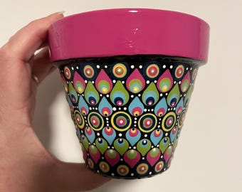 Hand-Painted Mandala Flower Pot | 4" Resin-Coated Terra Cotta Planter | Boho Dot Art