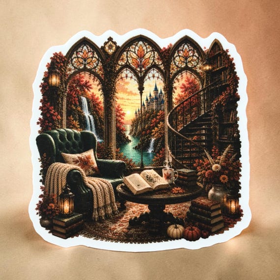 Cozy Fantasy Reading Nook Sticker, Magical Library & Autumn Castle Book Lover Decal