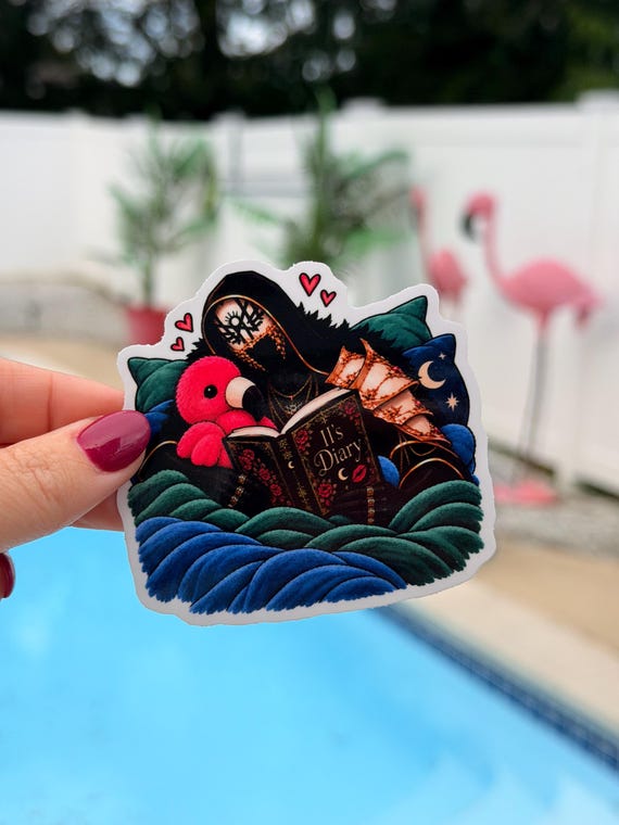 SleepToken Sticker – Cozy Reading Flamingo Decal - II’s Diary