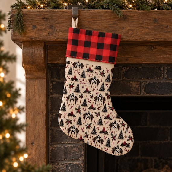 Sleep Token Inspired Christmas Stocking, Holiday Print with Buffalo Plaid Cuff