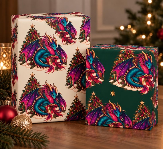 Fantasy Dragon Christmas Wrapping Paper, Jewel Toned Holiday Wrap (Multiple Lengths)