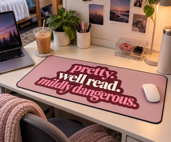 Pink Bookish Desk Mat, Retro Typography, Non-Slip Mouse Pad