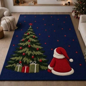 De afbeelding toont een kerstman met 3D-textuur die naast een versierde kerstboom met ingepakte cadeaus zit, tegen een diepblauwe achtergrond met rode stippen.