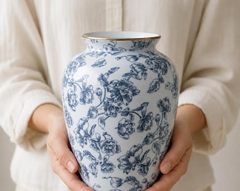 Blue White Chinoiserie Ceramic Vase Vintage Floral Home Decor