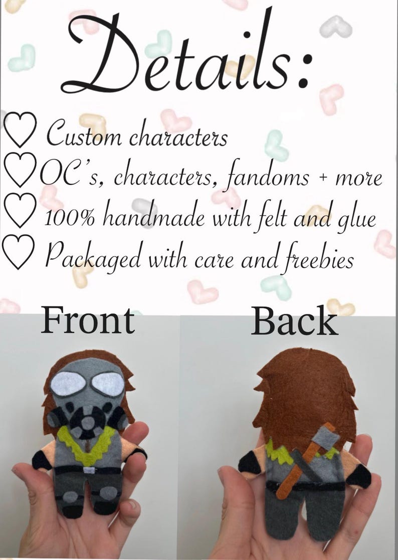Puede incluir: Una figura de fieltro hecha a mano con cabello casta&ntilde;o, m&aacute;scara gris con gafas blancas y cuello verde lima. La vista trasera muestra cabello casta&ntilde;o, camisa gris y un hacha marr&oacute;n. El texto dice: Details: Custom characters, OC's, fandoms + more.