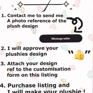 Puede incluir: Un gr&aacute;fico informativo titulado Custom process con un fondo de corazones en tonos pastel. Describe cuatro pasos para pedir un peluche personalizado, incluyendo instrucciones para contactar al vendedor, aprobar el dise&ntilde;o, adjuntar una referencia y comprar.
