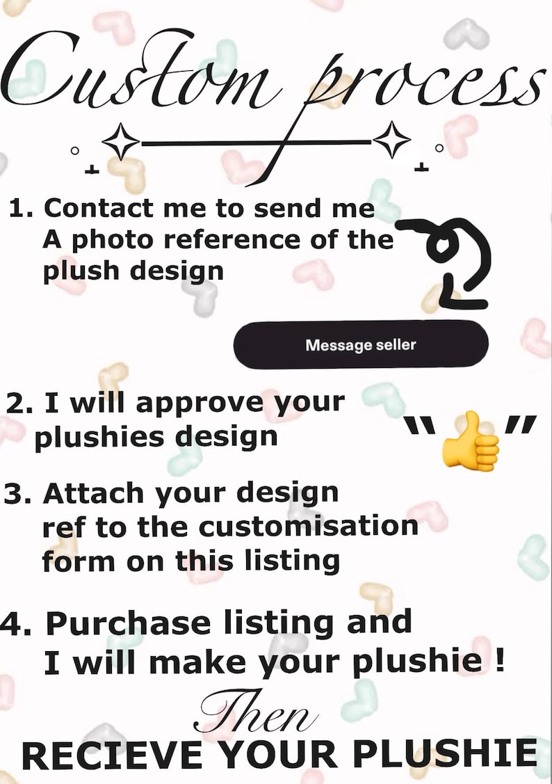 Puede incluir: Un gr&aacute;fico informativo titulado Custom process con un fondo de corazones en tonos pastel. Describe cuatro pasos para pedir un peluche personalizado, incluyendo instrucciones para contactar al vendedor, aprobar el dise&ntilde;o, adjuntar una referencia y comprar.