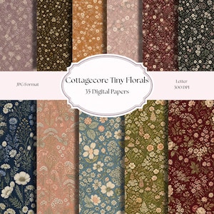 Puede incluir: Una colección de 35 papeles digitales con varios patrones florales diminutos en colores que incluyen marrón oscuro, naranja, rosa polvoriento, rojo intenso, negro, azul marino y verde oliva. El texto dice Cottagecore Tiny Florals, 35 Digital Papers, JPG Format, Letter, 300 DPI.