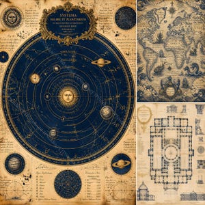 Puede incluir: Un collage de tres impresiones de estilo antiguo que presenta un diagrama del sistema solar en azul oscuro con un sol central, un mapa mundial antiguo detallado con criaturas marinas y un plano arquitectónico técnico sobre un fondo de pergamino.