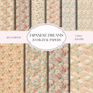 Puede incluir: Una colección de 20 papeles digitales con patrones florales y de abanicos en tonos suaves de rosa, verde y crema. La etiqueta central dice JAPANESE DREAMS 20 DIGITAL PAPERS, con el texto JPG FORMAT y Letter 300 DPI a los lados del marco blanco.