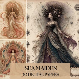 Può includere: Una collezione di carte digitali con tre distinte illustrazioni di figure in abiti elaborati con motivi ispirati al mare, tra cui conchiglie, coralli e texture acquatiche, su uno sfondo di pergamena vintage con testo scientifico.