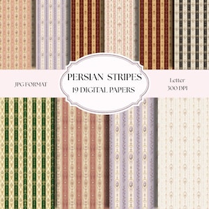 Puede incluir: Una colección de 19 papeles digitales con rayas persas en varias paletas de colores, incluyendo rojo, verde, morado y crema. La imagen muestra patrones de rayas verticales con motivos florales y el texto PERSIAN STRIPES 19 DIGITAL PAPERS.