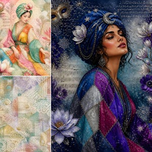 Puede incluir: Una impresión de arte digital que muestra a una persona con un turbante azul oscuro con detalles de luna y estrellas plateadas, una túnica de patchwork en tonos morados y azules, y grandes flores de loto sobre un fondo de notas musicales y encaje.