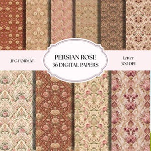 Puede incluir: Una colección de 36 papeles digitales con patrones de rosas persas en varios tonos de rojo, rosa, beige y marrón. Los diseños incluyen motivos florales intrincados y elementos de estilo damasco. El texto dice: PERSIAN ROSE 36 DIGITAL PAPERS.