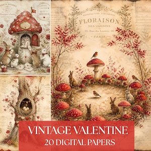 Vintage Valentine Digital Paper Pack, 20 Rose Heart Bunny Backgrounds, Junk Journal, A4 Letter