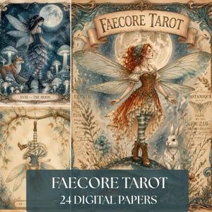 以下が含まれることがあります： 翼を持つ妖精、ウサギ、キツネ、月が描かれたFaecore Tarotデジタルペーパーのコレクション。ヴィンテージ風のテキスト、植物の要素、青、茶色、クリーム色の落ち着いた色調のデザインが含まれています。
