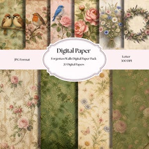 Könnte beinhalten: Eine Sammlung digitaler Papiere mit botanischen und vogelkundlichen Illustrationen, darunter Spatzen, ein Rotkehlchen, ein Hüttensänger, rosa Rosen, Wildblumensträuße und Blumenkränze. Der Text lautet Digital Paper, Forgotten Walls Digital Paper Pack, 20 Digital Papers, JPG Format und Letter 300 DPI.