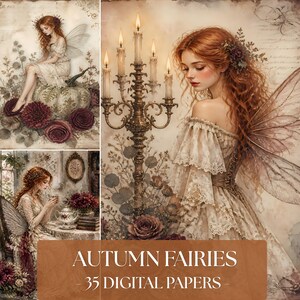 Puede incluir: Una colección de papeles digitales con ilustraciones de hadas de cabello rojo y alas, vistiendo vestidos de encaje. Las imágenes incluyen un candelabro, calabazas y rosas. El texto en la parte inferior dice: AUTUMN FAIRIES 35 DIGITAL PAPERS.