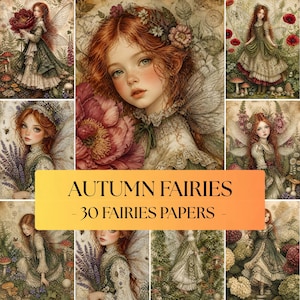 Könnte beinhalten: Eine Sammlung von 30 digitalen Papieren mit Illustrationen von rothaarigen Feen in Naturlandschaften mit Blumen, Pilzen und Laub. Der zentrale Text lautet AUTUMN FAIRIES - 30 FAIRIES PAPERS - in schwarzer Schrift auf gelbem Grund.