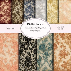 Puede incluir: Una colección de 12 papeles digitales con patrones de encaje victoriano en varios colores, incluyendo rojo, marrón, azul, plata, oro, melocotón, negro y verde azulado. El texto dice Digital Paper, Victorian Lace Digital Paper Pack, 12 Digital Papers, JPG Format, Letter & A3, 300 DPI.