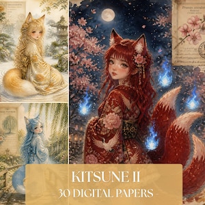Puede incluir: Una colección digital titulada KITSUNE II 30 DIGITAL PAPERS que presenta tres ilustraciones distintas de personajes estilo anime con orejas y colas de zorro. Las imágenes muestran personajes con túnicas tradicionales entre flores de cerezo.
