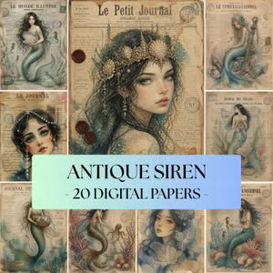 Vintage Siren Digital Paper, Antique Mermaid Junk Journal Pages, Mythical Sea Scrapbook Kit, Retro Nautical Ephemera, Old World Marine Art