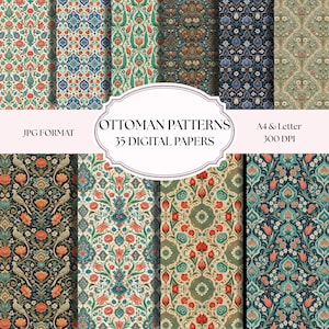 Puede incluir: Una colección de 35 papeles digitales con intrincados patrones otomanos en varias paletas de colores que incluyen rojo, azul, verde y crema. El texto dice OTTOMAN PATTERNS 35 DIGITAL PAPERS, JPG FORMAT y A4 & Letter 300 DPI.