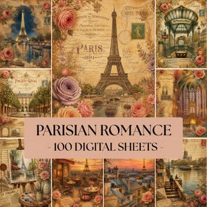 May include: A collection of 100 digital sheets featuring vintage-style Parisian scenes, including the Eiffel Tower, historic architecture, and floral accents. The imagery incorporates aged paper textures, French script, and stamps with a warm color palette.