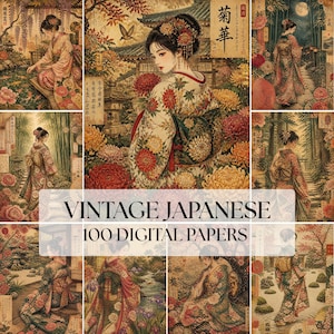 Puede incluir: Una colección digital de 100 papeles de estilo japonés vintage con ilustraciones de personas en kimonos florales, jardines tradicionales y crisantemos. El texto VINTAGE JAPANESE 100 DIGITAL PAPERS está superpuesto en el centro.