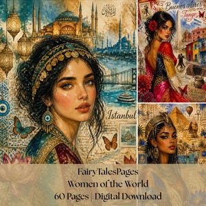 Puede incluir: Una descarga digital titulada FairyTalesPages Women of the World 60 Pages que presenta tres retratos de mujeres en diversos entornos culturales, incluyendo Estambul con una mezquita, Buenos Aires con bailarines de tango y Egipto con pirámides.