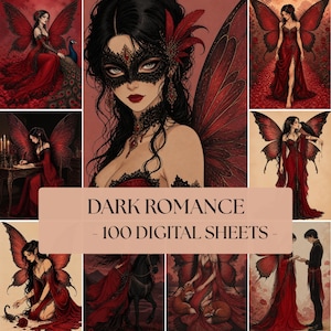 Puede incluir: Una colección de 100 hojas digitales con ilustraciones de romance oscuro de figuras con alas rojas en vestidos rojos, incluyendo escenas con un pavo real, un caballo negro, zorros y un cuervo, con el texto DARK ROMANCE - 100 DIGITAL SHEETS.