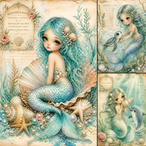 Mermaid Junk Journal Printable Kit Vintage Mermaid Ephemera Scrapbook Pages Wall Art Prints 13 Illustrated Pages + 4 Backgrounds 4 Sizes