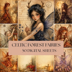 Puede incluir: Una colección de hojas digitales con ilustraciones de hadas con astas y alas, sobre fondos de postales antiguas con texto cursivo y sellos postales. El texto dice CELTIC FOREST FAIRIES - 50 DIGITAL SHEETS.